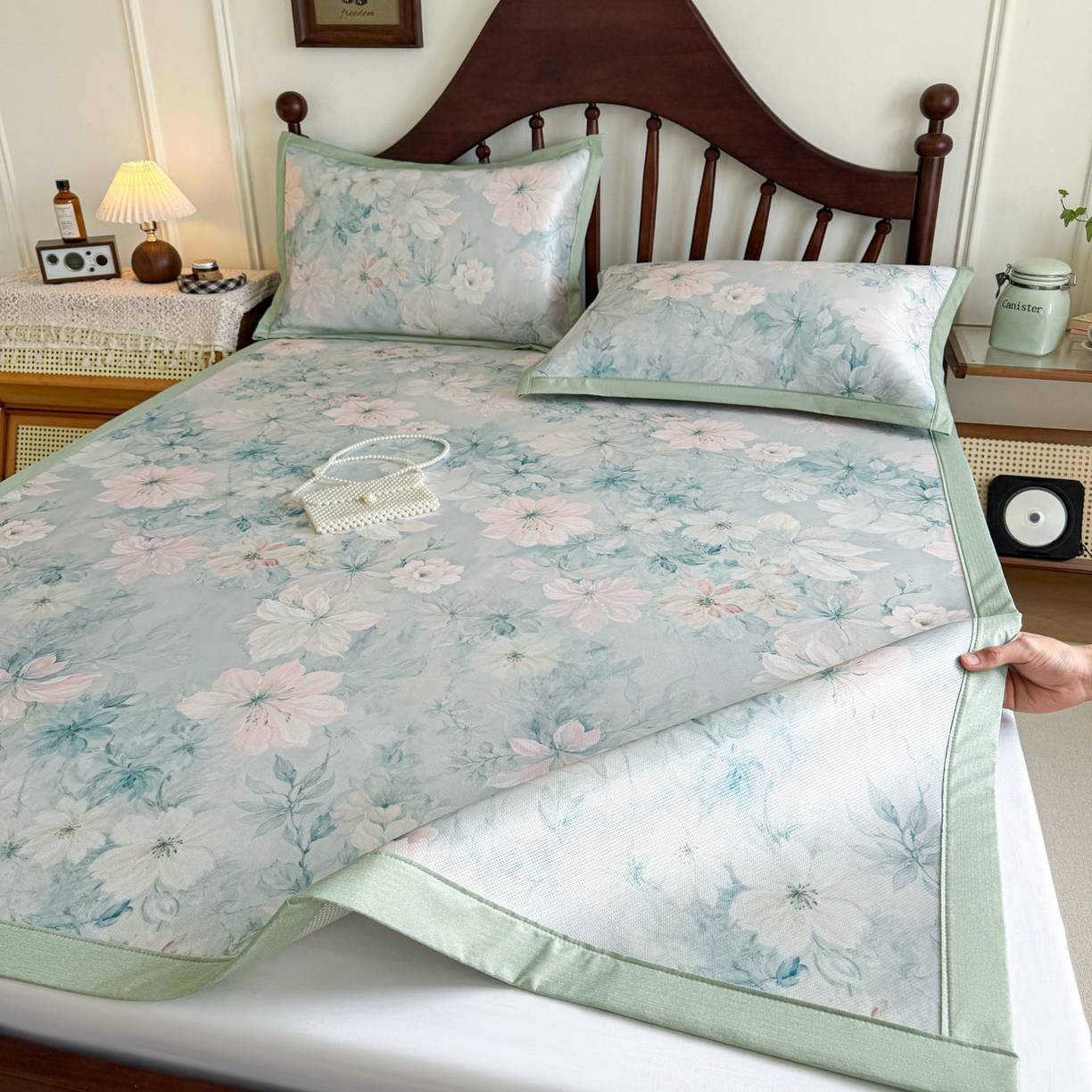 91家纺网 家纺一手货源 找家纺 倾慕家纺 2026新款A类数码印花冰泉丝凉席 水墨江南绿