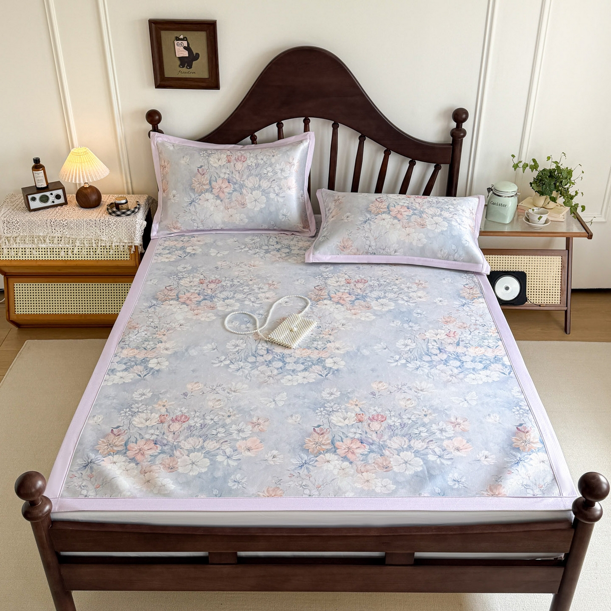 91家纺网 家纺一手货源 找家纺 倾慕家纺 2026新款A类数码印花冰泉丝凉席 玉兰花紫