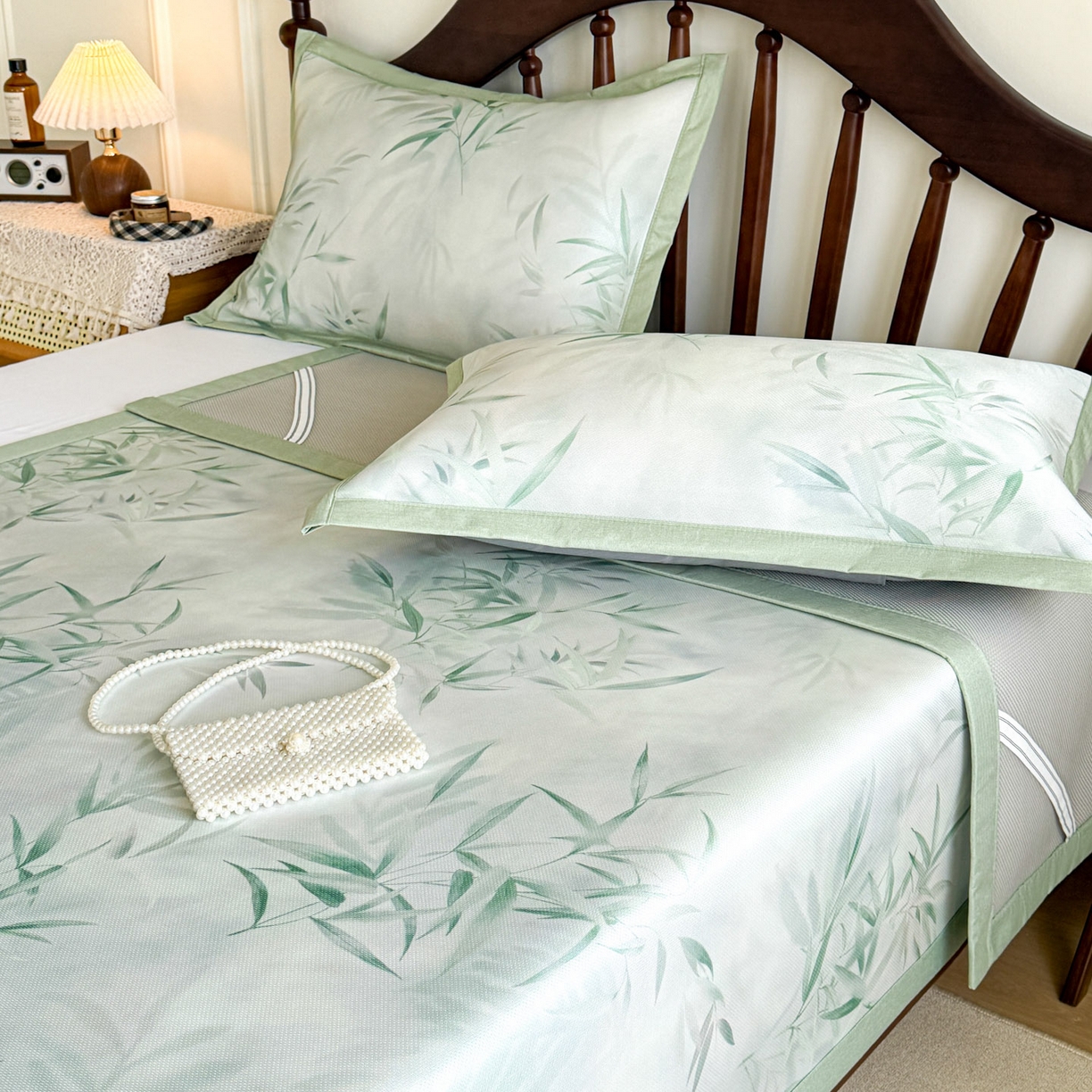 91家纺网 家纺一手货源 找家纺 倾慕家纺 2026新款A类数码印花冰泉丝凉席 竹潇潇绿