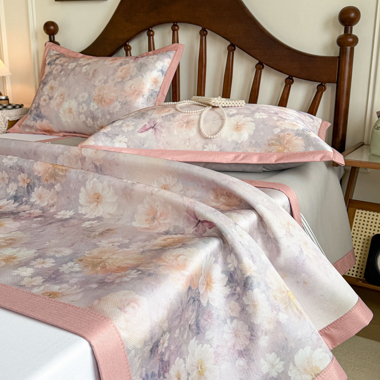 91家纺网 家纺一手货源 找家纺 倾慕家纺 2026新款A类数码印花冰泉丝凉席 摩尼粉