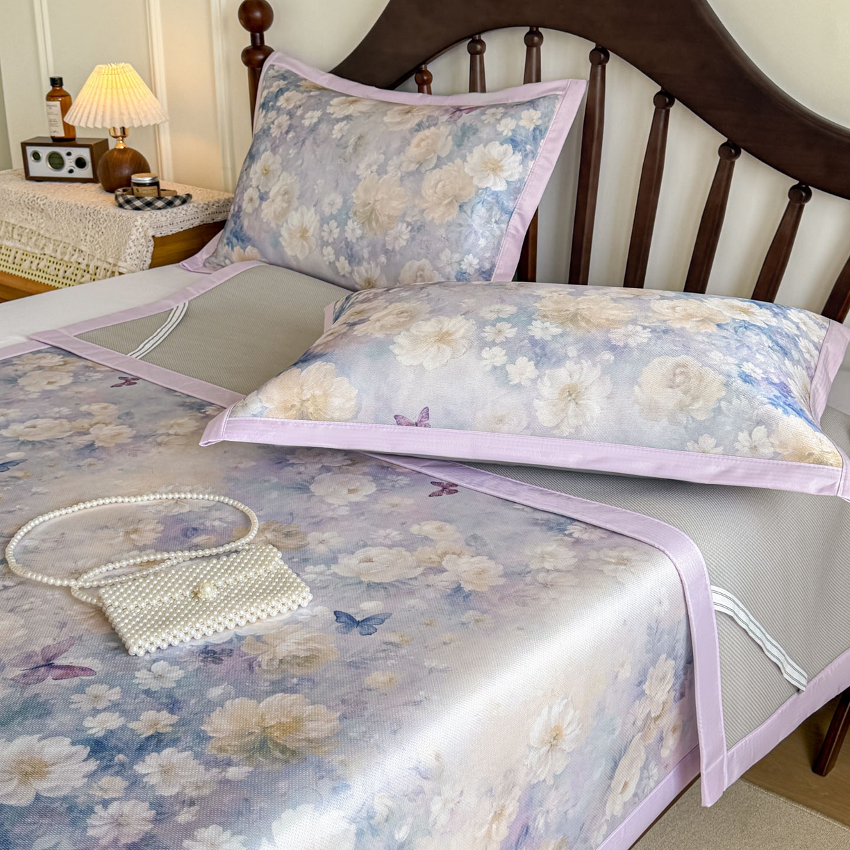 91家纺网 家纺一手货源 找家纺 倾慕家纺 2026新款A类数码印花冰泉丝凉席 摩尼紫