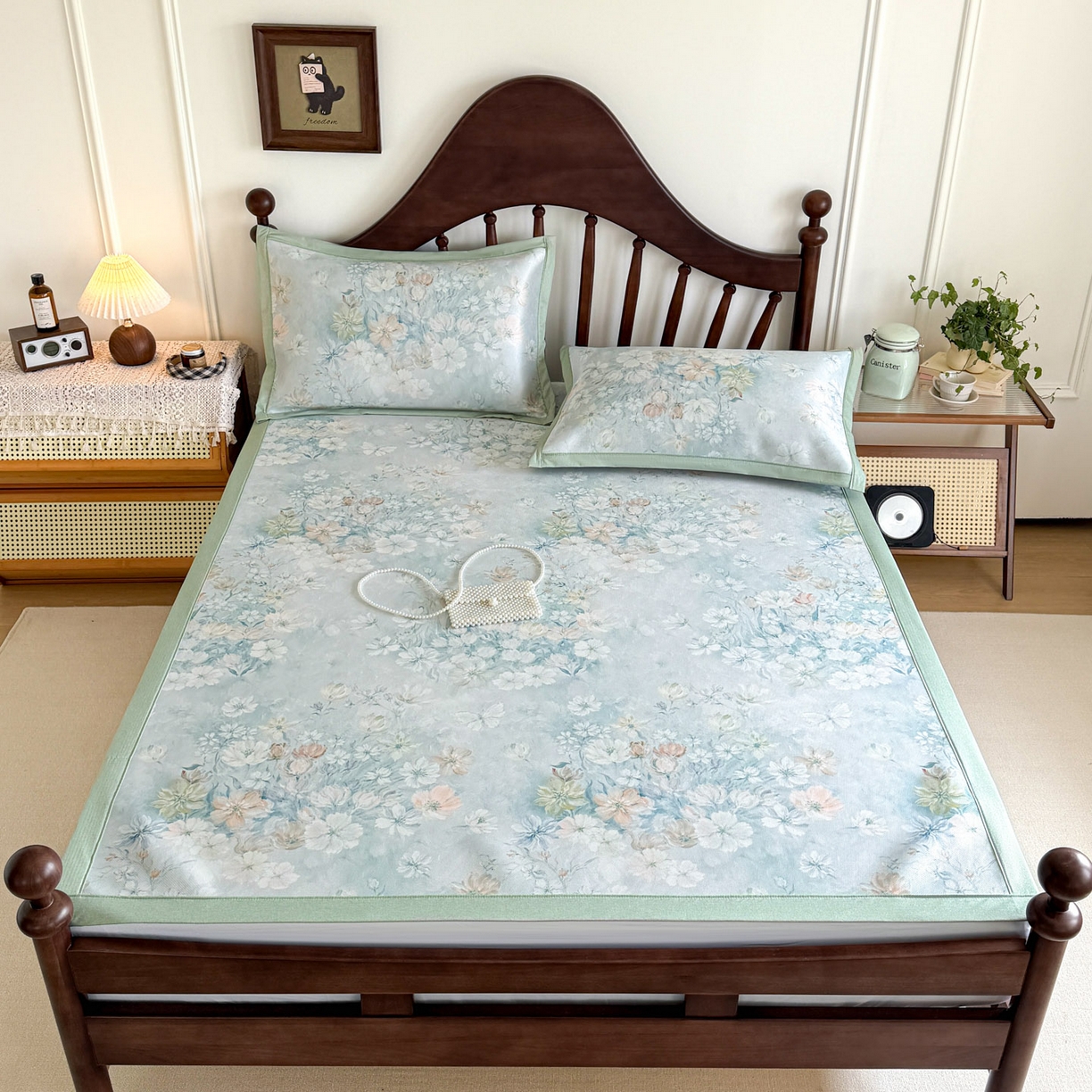 91家纺网 家纺一手货源 找家纺 倾慕家纺 2026新款A类数码印花冰泉丝凉席 玉兰花绿