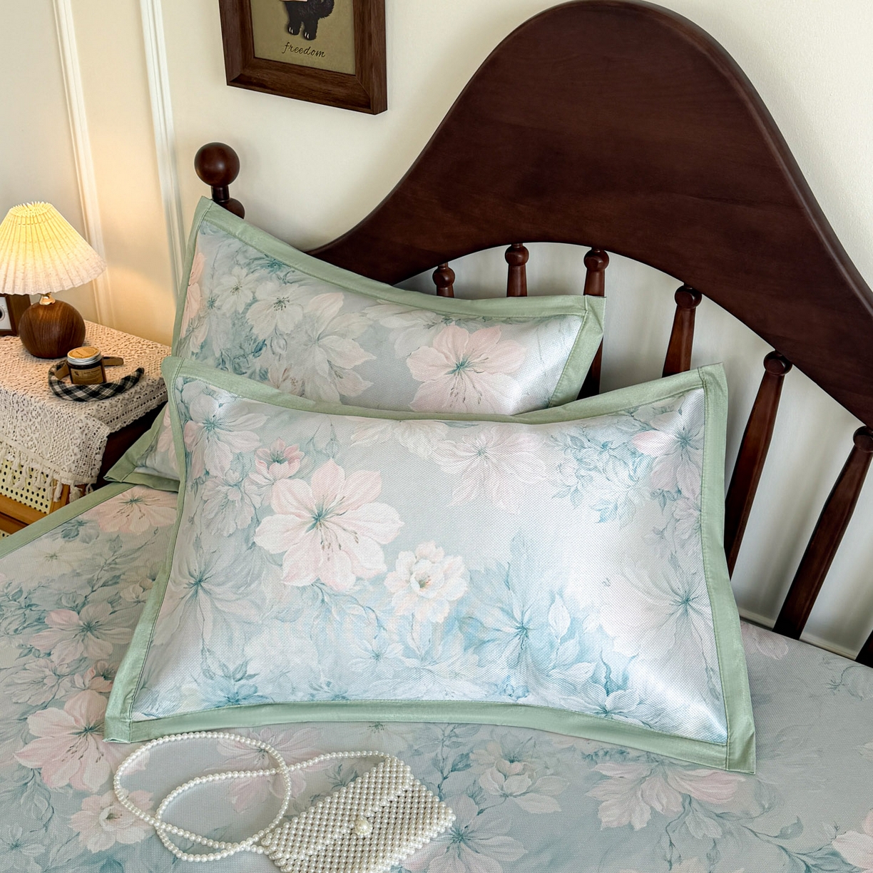 91家纺网 家纺一手货源 找家纺 倾慕家纺 2026新款A类数码印花冰泉丝凉席 水墨江南绿