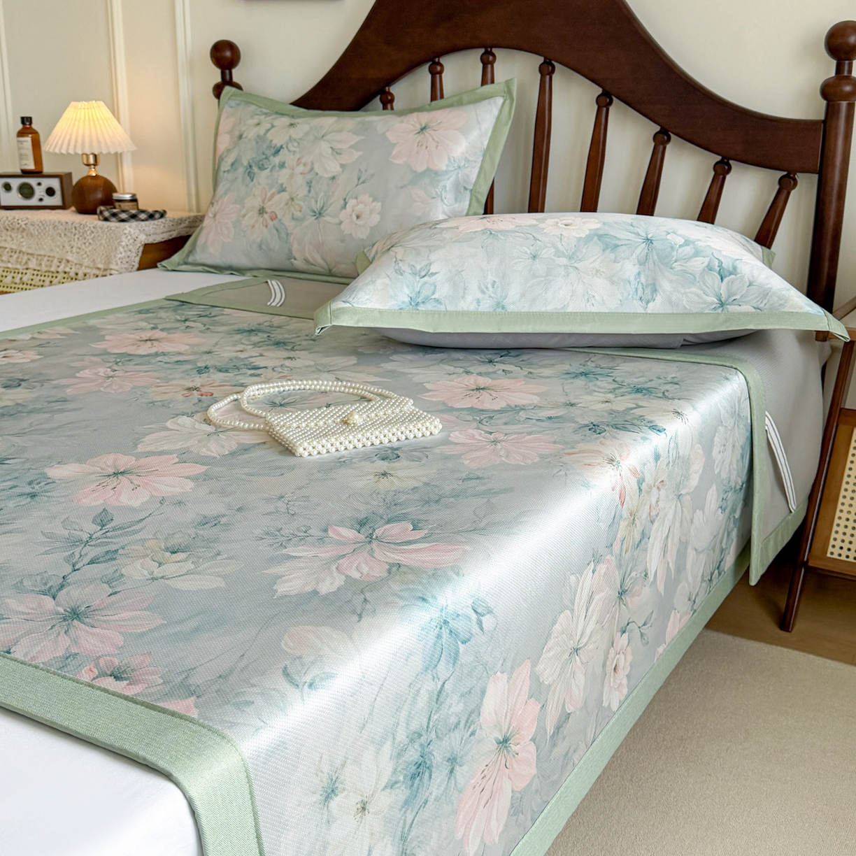 91家纺网 家纺一手货源 找家纺 倾慕家纺 2026新款A类数码印花冰泉丝凉席 水墨江南绿