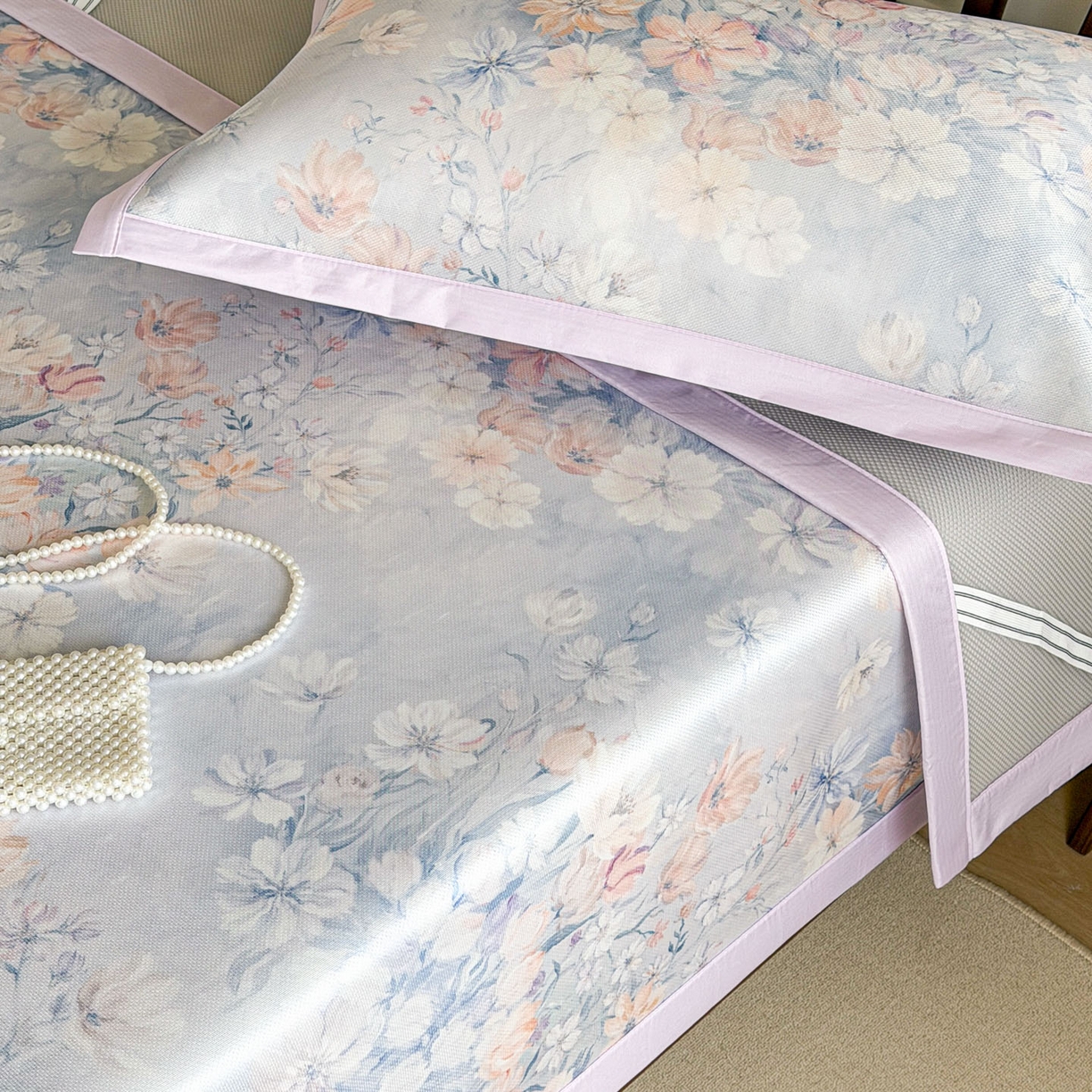 91家纺网 家纺一手货源 找家纺 倾慕家纺 2026新款A类数码印花冰泉丝凉席 玉兰花紫