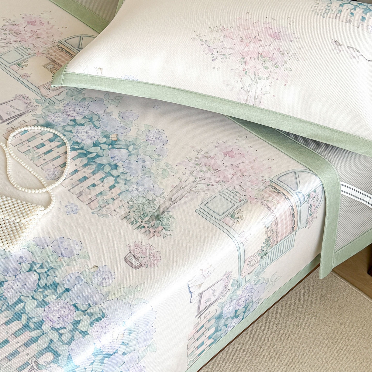 91家纺网 家纺一手货源 找家纺 倾慕家纺 2026新款A类数码印花冰泉丝凉席 鲜花小镇