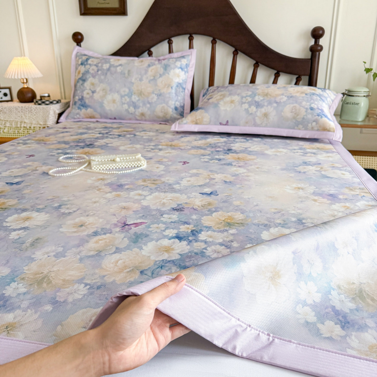 91家纺网 家纺一手货源 找家纺 倾慕家纺 2026新款A类数码印花冰泉丝凉席 摩尼紫