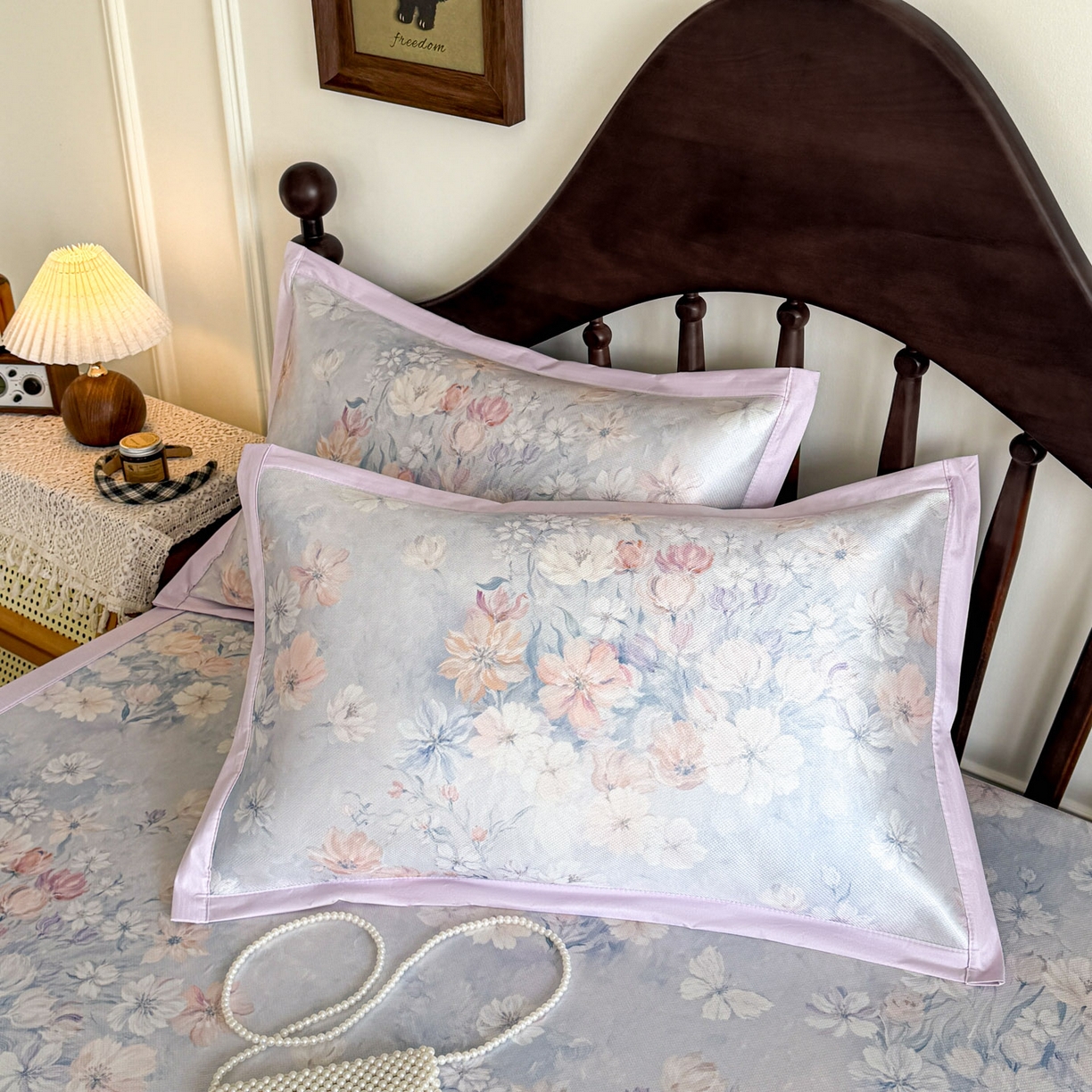 91家纺网 家纺一手货源 找家纺 倾慕家纺 2026新款A类数码印花冰泉丝凉席 玉兰花紫