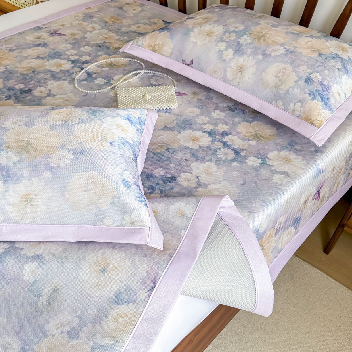 91家纺网 家纺一手货源 找家纺 倾慕家纺 2026新款A类数码印花冰泉丝凉席 摩尼紫