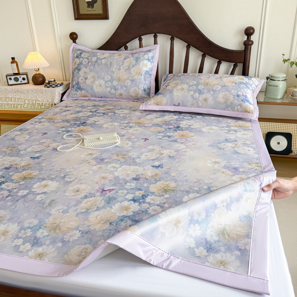 91家纺网 家纺一手货源 找家纺 倾慕家纺 2026新款A类数码印花冰泉丝凉席 摩尼紫