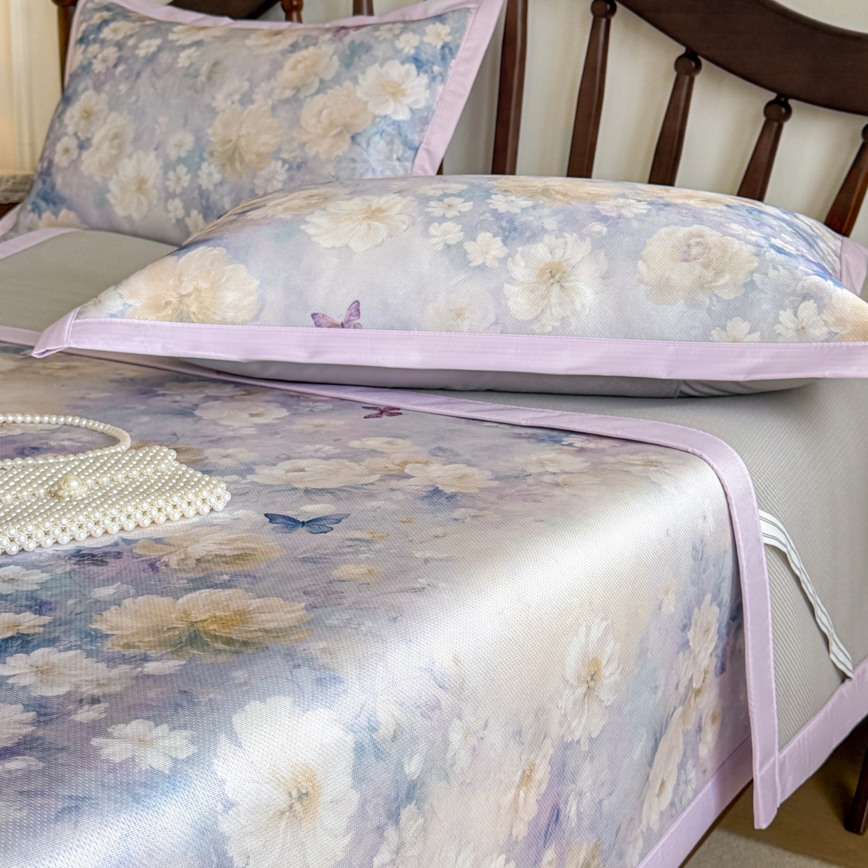 91家纺网 家纺一手货源 找家纺 倾慕家纺 2026新款A类数码印花冰泉丝凉席 摩尼紫