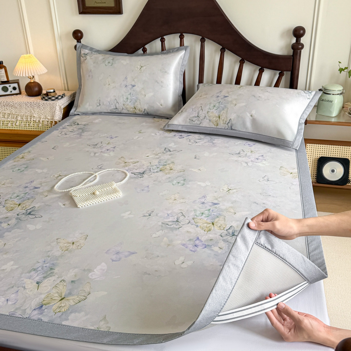 91家纺网 家纺一手货源 找家纺 倾慕家纺 2026新款A类数码印花冰泉丝凉席 蝴蝶之舞绿