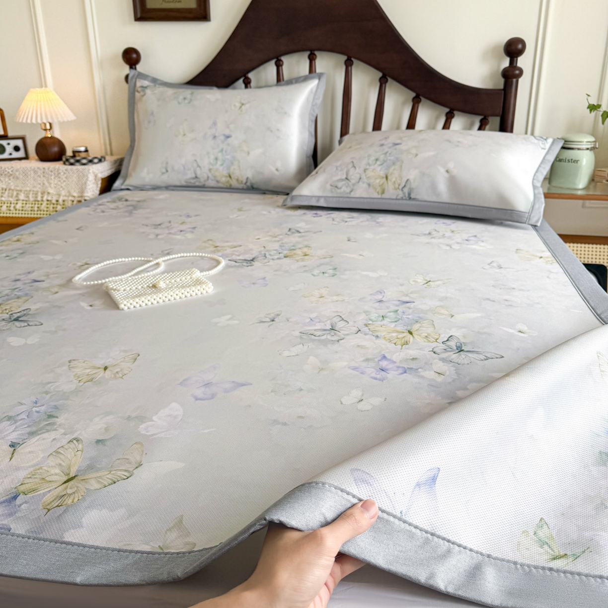 91家纺网 家纺一手货源 找家纺 倾慕家纺 2026新款A类数码印花冰泉丝凉席 蝴蝶之舞绿