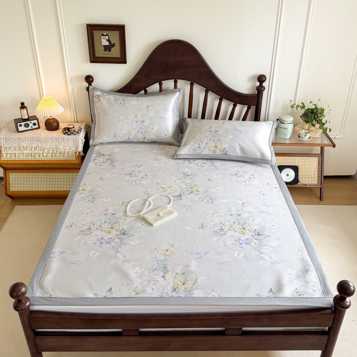 91家纺网 家纺一手货源 找家纺 倾慕家纺 2026新款A类数码印花冰泉丝凉席 蝴蝶之舞绿