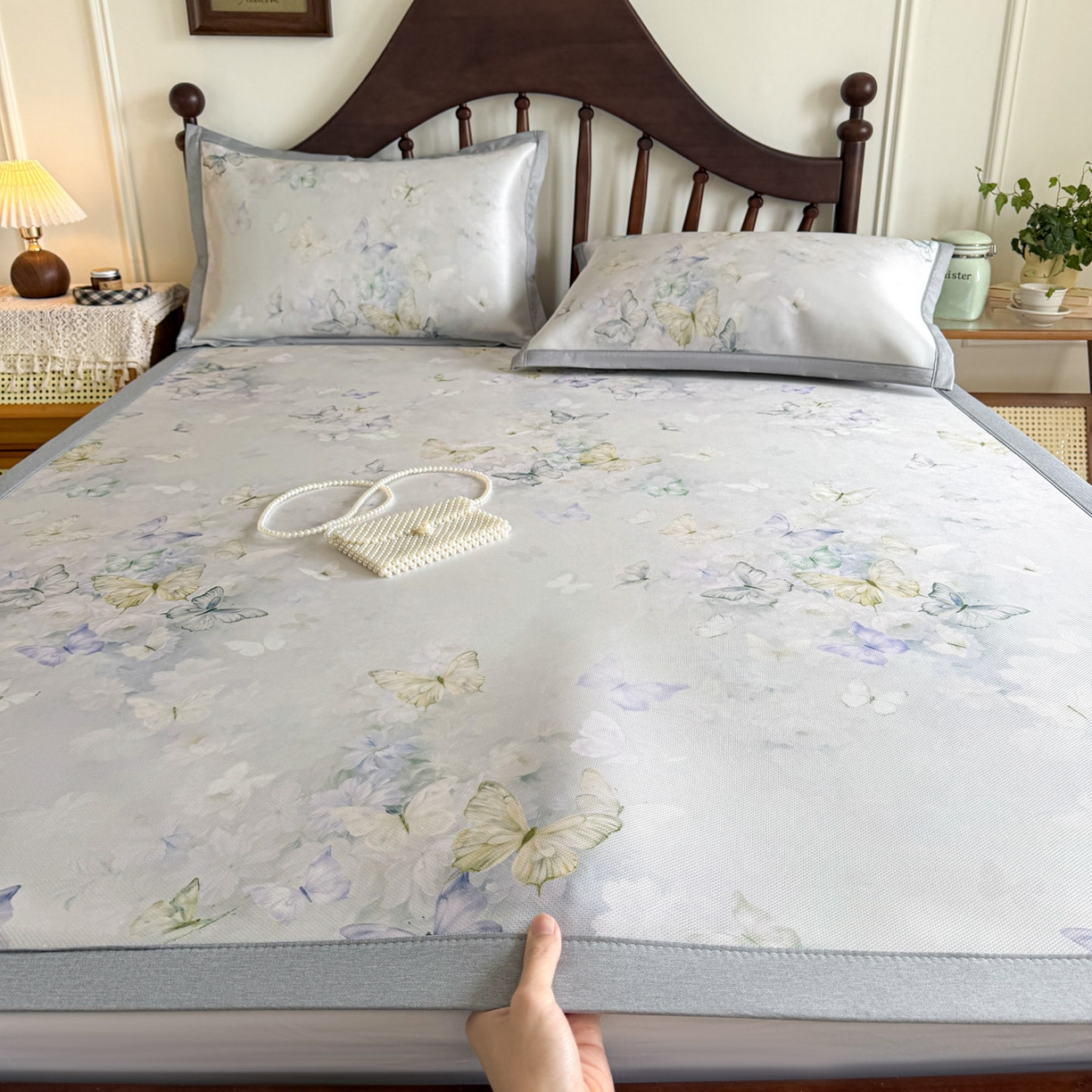 倾慕家纺 2026新款A类数码印花冰泉丝凉席 蝴蝶之舞绿