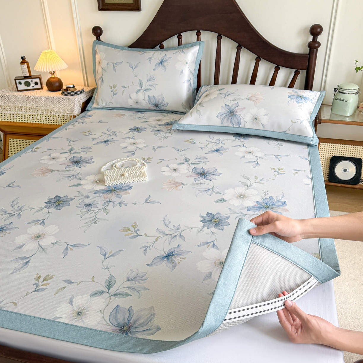 91家纺网 家纺一手货源 找家纺 倾慕家纺 2026新款A类数码印花冰泉丝凉席 云梦海棠