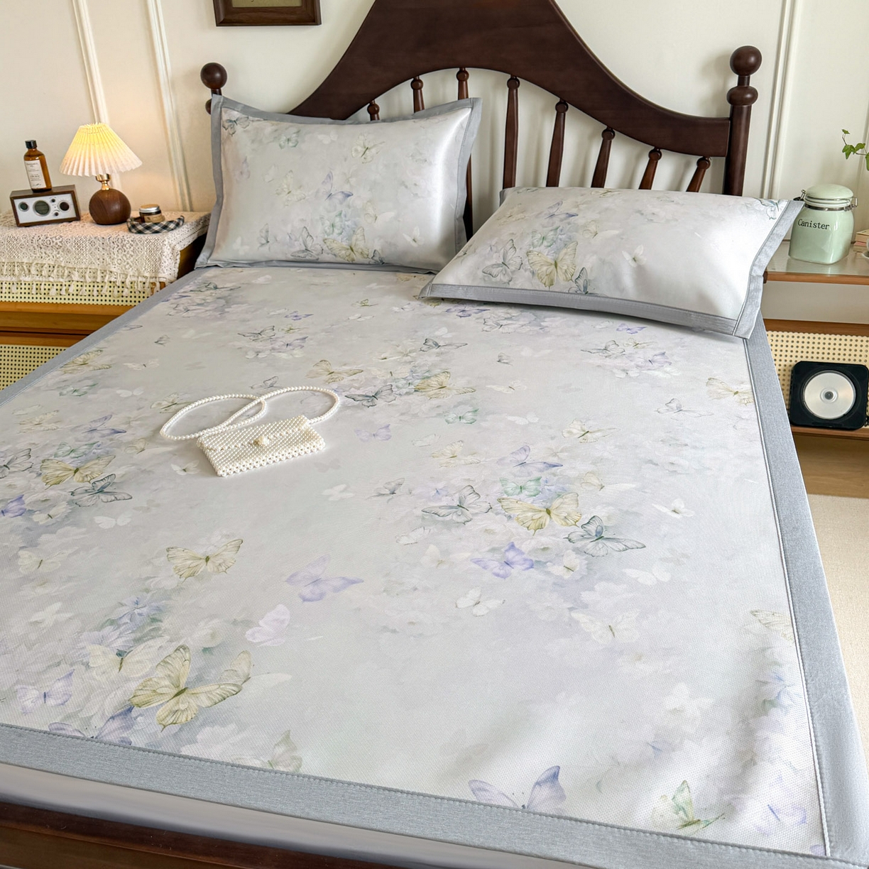 91家纺网 家纺一手货源 找家纺 倾慕家纺 2026新款A类数码印花冰泉丝凉席 蝴蝶之舞绿