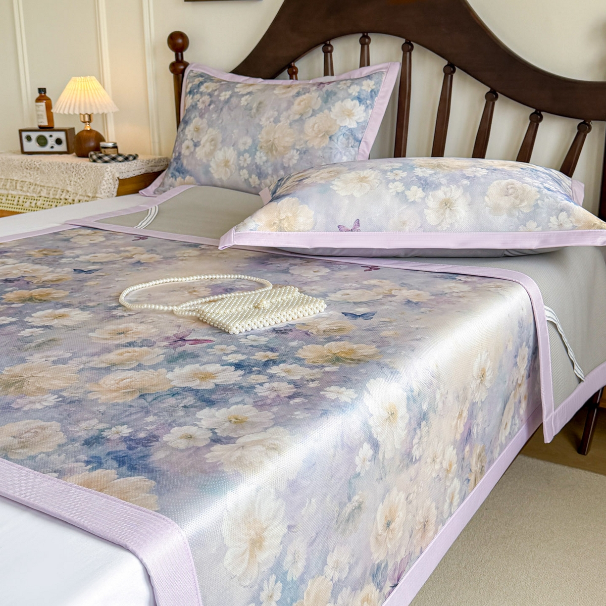 91家纺网 家纺一手货源 找家纺 倾慕家纺 2026新款A类数码印花冰泉丝凉席 摩尼紫