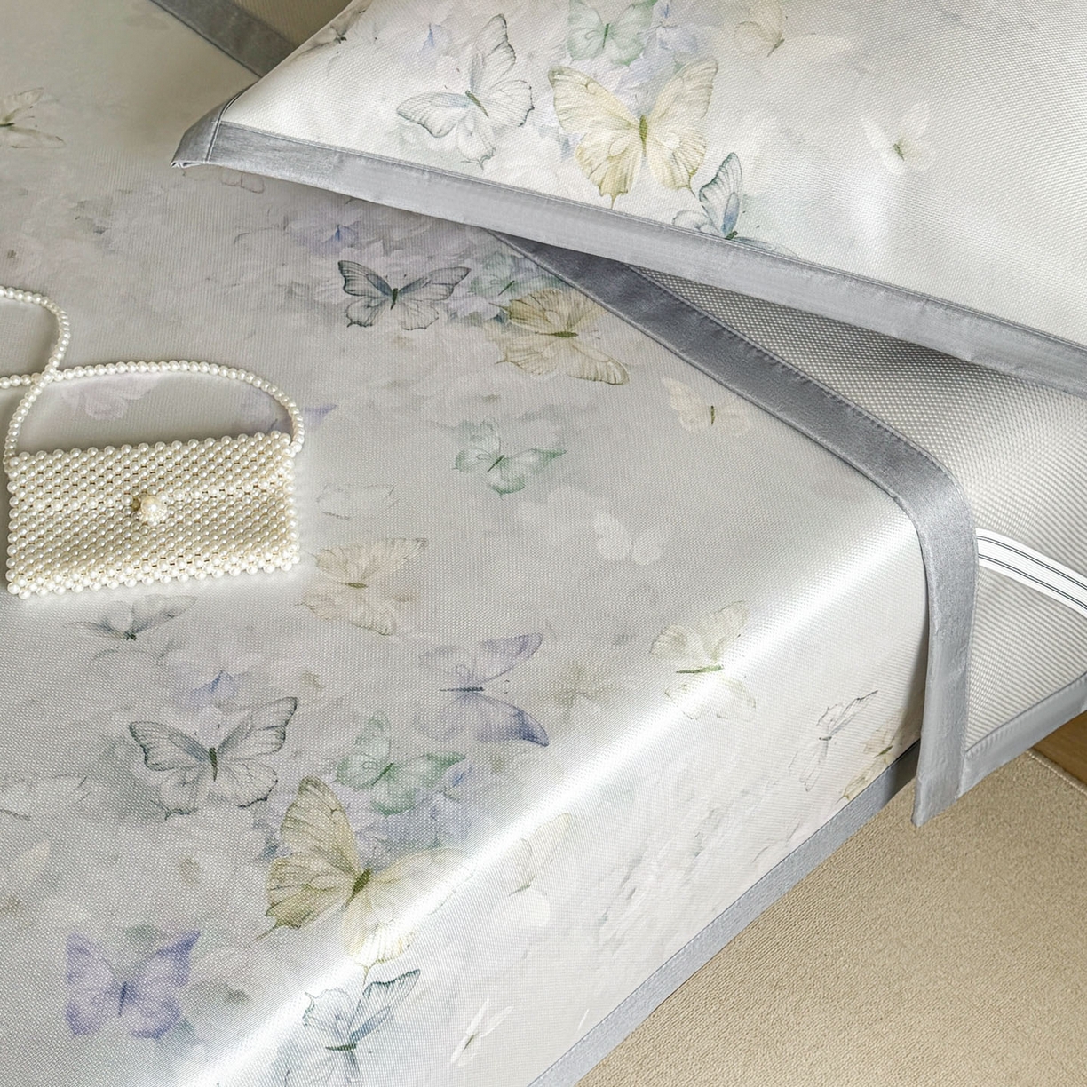 91家纺网 家纺一手货源 找家纺 倾慕家纺 2026新款A类数码印花冰泉丝凉席 蝴蝶之舞绿