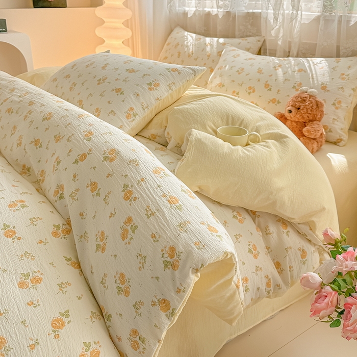 91家纺网 家纺一手货源 找家纺 侯先生家纺新款直播爆款云感双层纱皱皱纱四件套小清新水洗棉床笠 梨花落