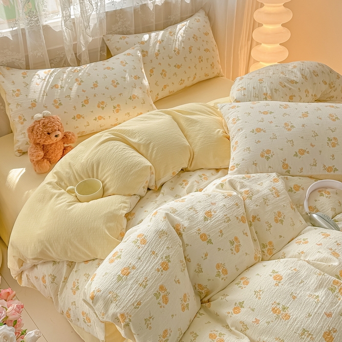 91家纺网 家纺一手货源 找家纺 侯先生家纺新款直播爆款云感双层纱皱皱纱四件套小清新水洗棉床笠 梨花落