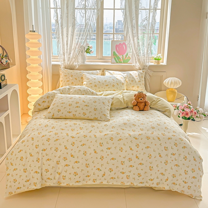 91家纺网 家纺一手货源 找家纺 侯先生家纺新款直播爆款云感双层纱皱皱纱四件套小清新水洗棉床笠 梨花落