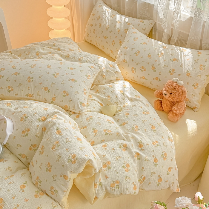 91家纺网 家纺一手货源 找家纺 侯先生家纺新款直播爆款云感双层纱皱皱纱四件套小清新水洗棉床笠 梨花落