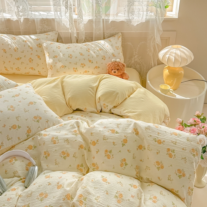 91家纺网 家纺一手货源 找家纺 侯先生家纺新款直播爆款云感双层纱皱皱纱四件套小清新水洗棉床笠 梨花落