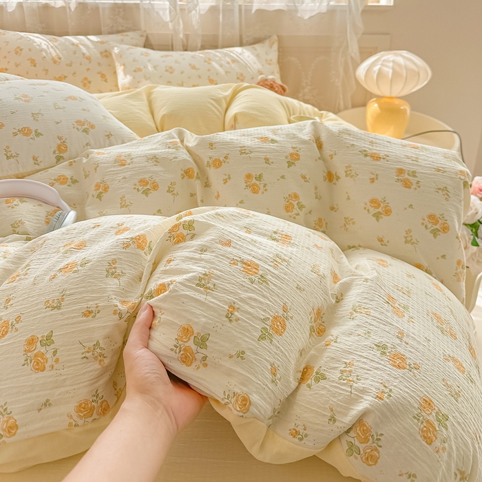 91家纺网 家纺一手货源 找家纺 侯先生家纺新款直播爆款云感双层纱皱皱纱四件套小清新水洗棉床笠 梨花落