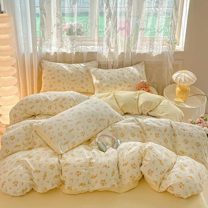 91家纺网 家纺一手货源 找家纺 侯先生家纺新款直播爆款云感双层纱皱皱纱四件套小清新水洗棉床笠 梨花落