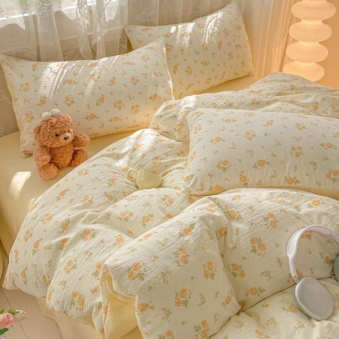 91家纺网 家纺一手货源 找家纺 侯先生家纺新款直播爆款云感双层纱皱皱纱四件套小清新水洗棉床笠 梨花落