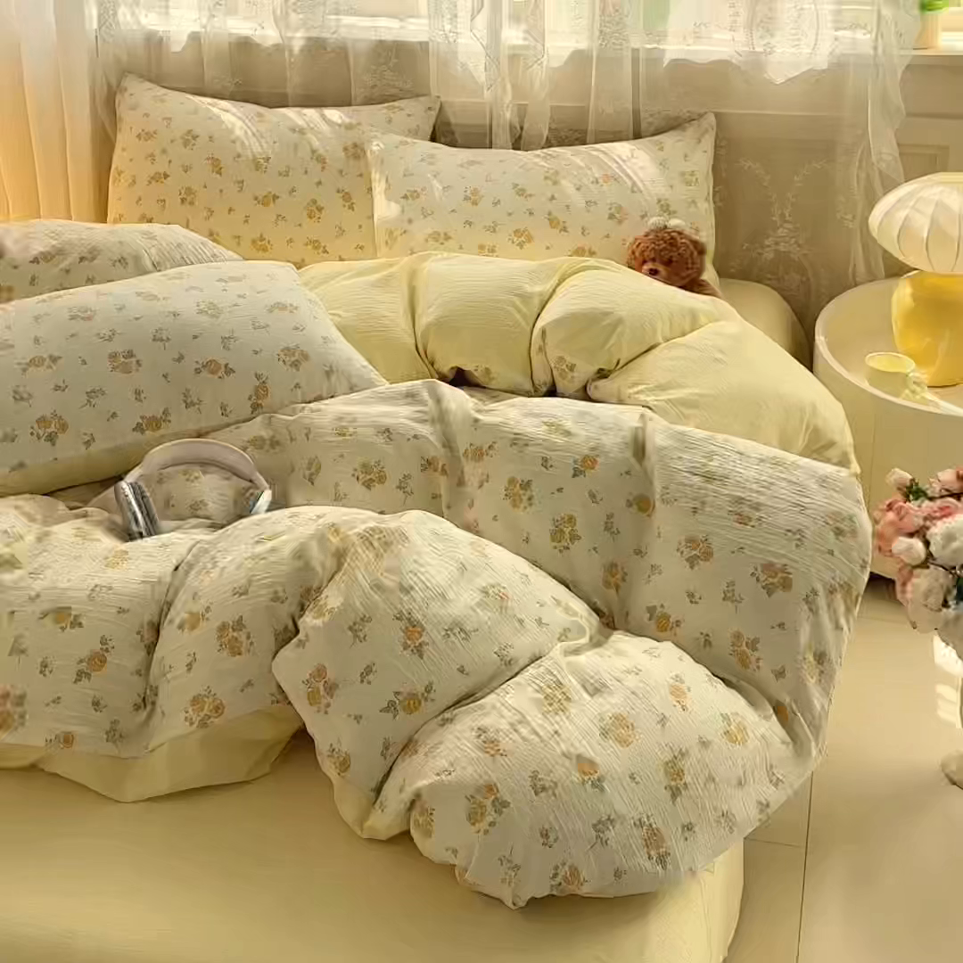91家纺网 家纺一手货源 找家纺 侯先生家纺新款直播爆款云感双层纱皱皱纱四件套小清新水洗棉床笠 梨花落
