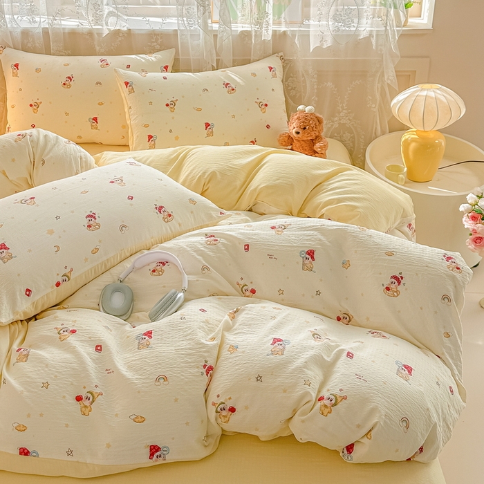 91家纺网 家纺一手货源 找家纺 侯先生家纺新款直播爆款云感双层纱皱皱纱四件套小清新水洗棉床笠 萌趣星仔