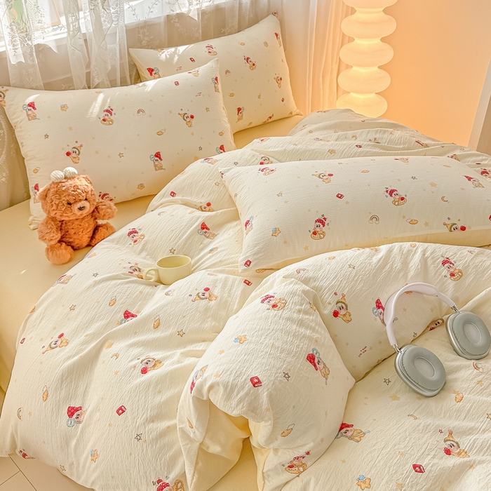 91家纺网 家纺一手货源 找家纺 侯先生家纺新款直播爆款云感双层纱皱皱纱四件套小清新水洗棉床笠 萌趣星仔