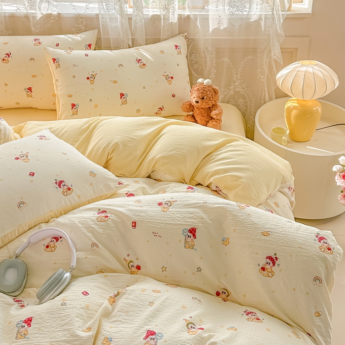 91家纺网 家纺一手货源 找家纺 侯先生家纺新款直播爆款云感双层纱皱皱纱四件套小清新水洗棉床笠 萌趣星仔