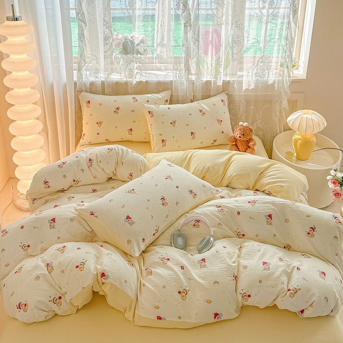 91家纺网 家纺一手货源 找家纺 侯先生家纺新款直播爆款云感双层纱皱皱纱四件套小清新水洗棉床笠 萌趣星仔