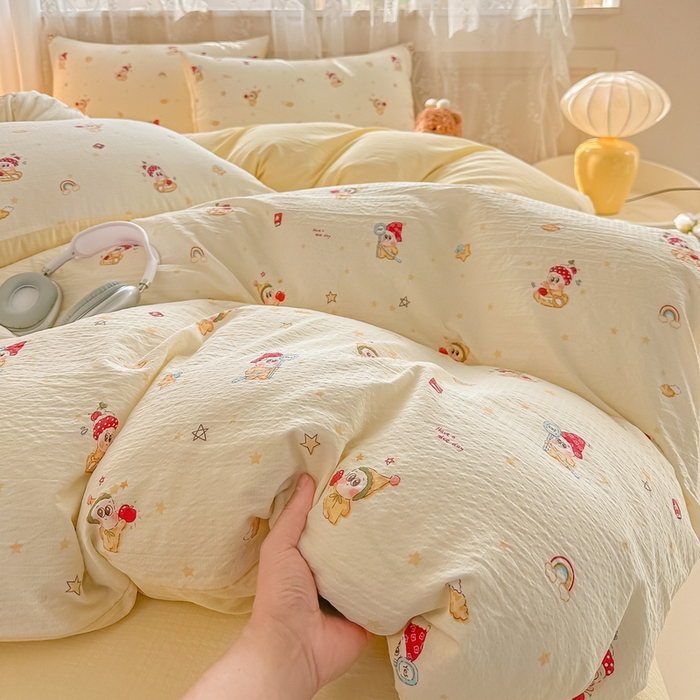 91家纺网 家纺一手货源 找家纺 侯先生家纺新款直播爆款云感双层纱皱皱纱四件套小清新水洗棉床笠 萌趣星仔