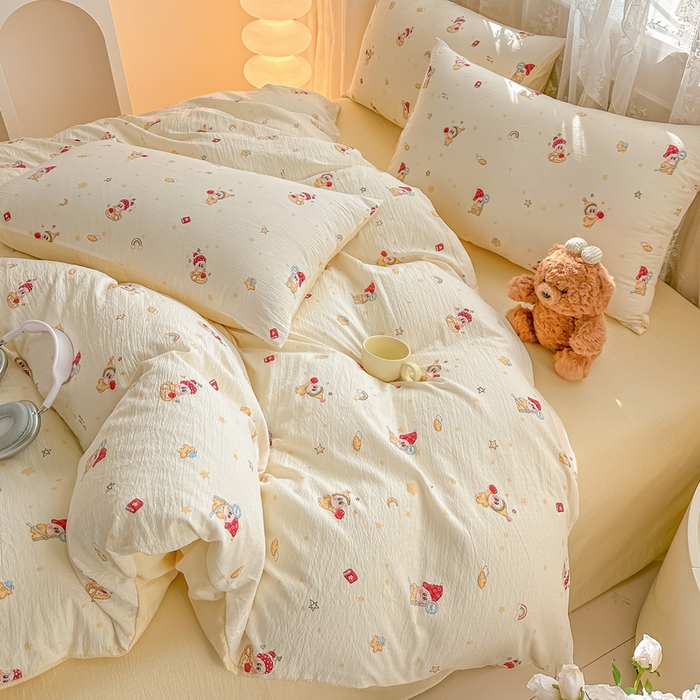 91家纺网 家纺一手货源 找家纺 侯先生家纺新款直播爆款云感双层纱皱皱纱四件套小清新水洗棉床笠 萌趣星仔