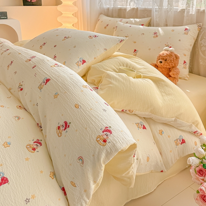 91家纺网 家纺一手货源 找家纺 侯先生家纺新款直播爆款云感双层纱皱皱纱四件套小清新水洗棉床笠 萌趣星仔