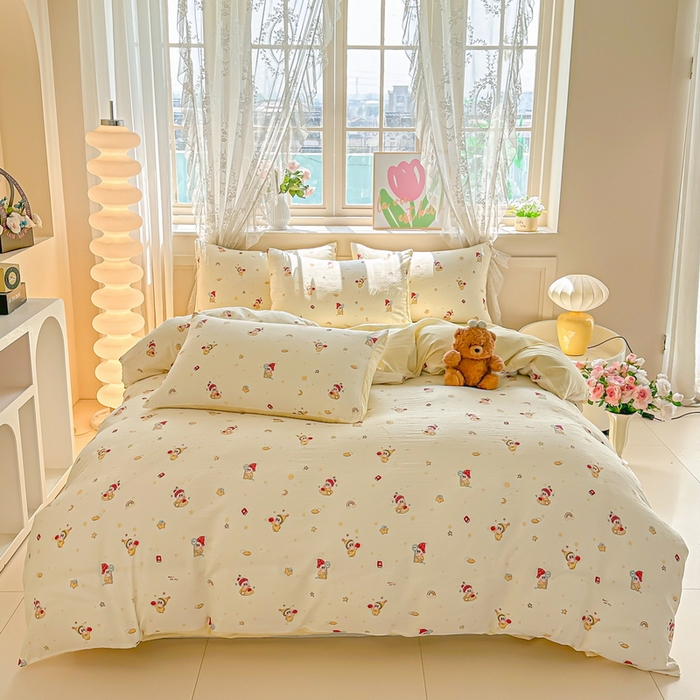 91家纺网 家纺一手货源 找家纺 侯先生家纺新款直播爆款云感双层纱皱皱纱四件套小清新水洗棉床笠 萌趣星仔