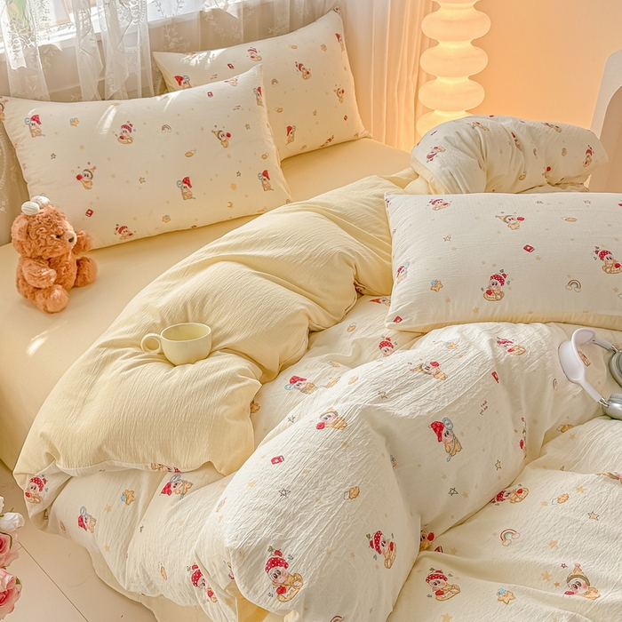 91家纺网 家纺一手货源 找家纺 侯先生家纺新款直播爆款云感双层纱皱皱纱四件套小清新水洗棉床笠 萌趣星仔