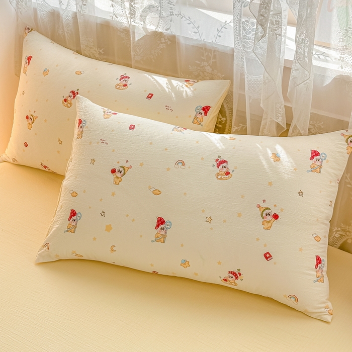 91家纺网 家纺一手货源 找家纺 侯先生家纺新款直播爆款云感双层纱皱皱纱四件套小清新水洗棉床笠 萌趣星仔