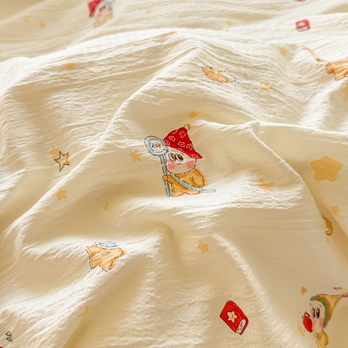 91家纺网 家纺一手货源 找家纺 侯先生家纺新款直播爆款云感双层纱皱皱纱四件套小清新水洗棉床笠 萌趣星仔