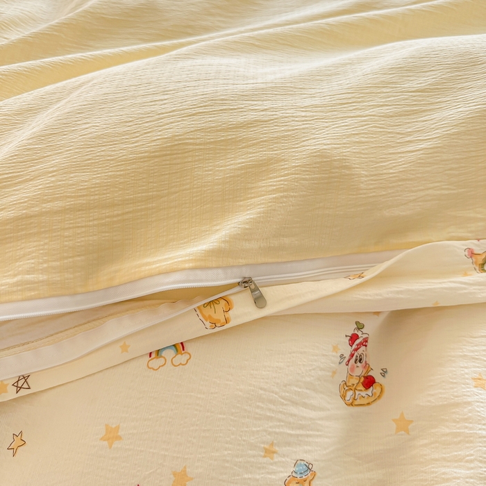 91家纺网 家纺一手货源 找家纺 侯先生家纺新款直播爆款云感双层纱皱皱纱四件套小清新水洗棉床笠 萌趣星仔