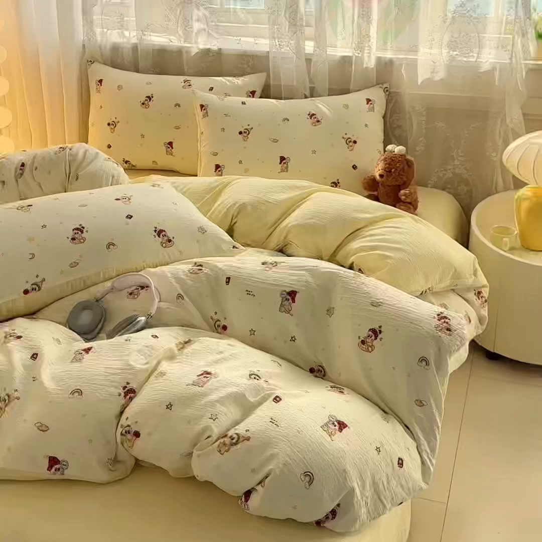 91家纺网 家纺一手货源 找家纺 侯先生家纺新款直播爆款云感双层纱皱皱纱四件套小清新水洗棉床笠 萌趣星仔