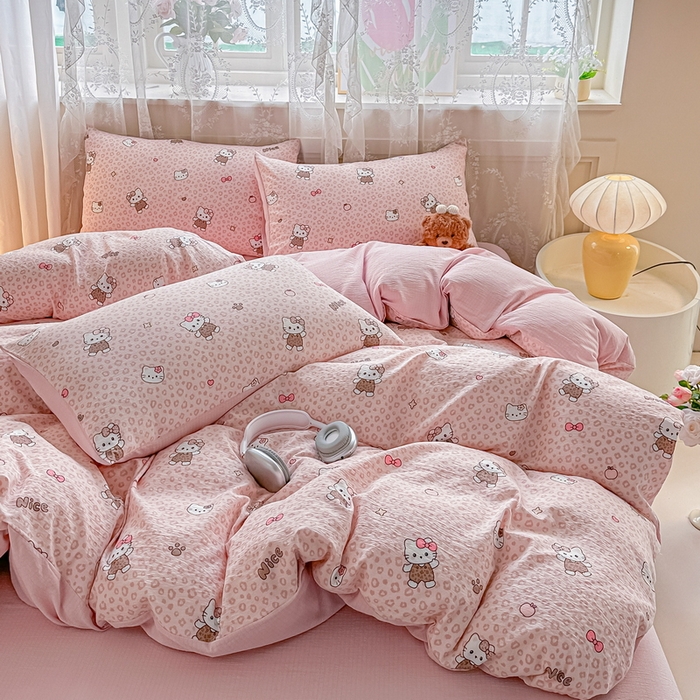 91家纺网 家纺一手货源 找家纺 侯先生家纺新款直播爆款云感双层纱皱皱纱四件套小清新水洗棉床笠 蜜桃KT