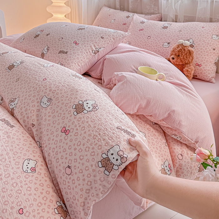 91家纺网 家纺一手货源 找家纺 侯先生家纺新款直播爆款云感双层纱皱皱纱四件套小清新水洗棉床笠 蜜桃KT