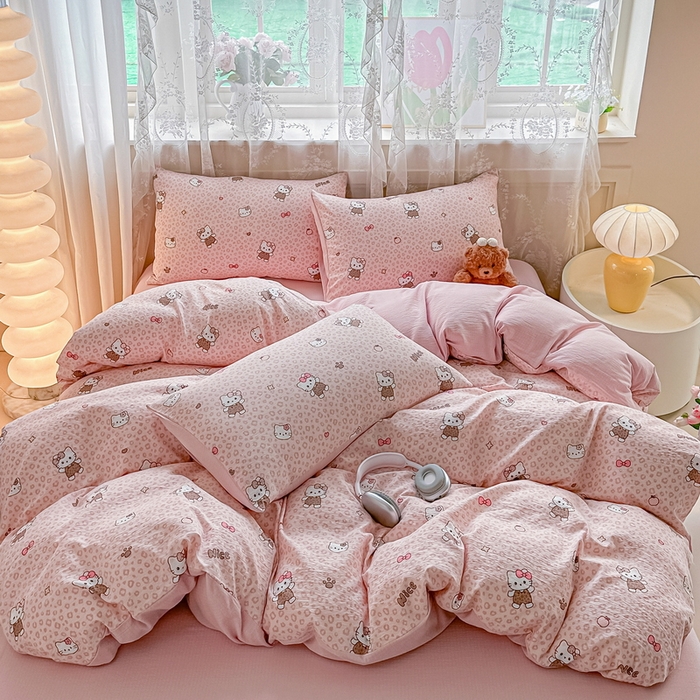 91家纺网 家纺一手货源 找家纺 侯先生家纺新款直播爆款云感双层纱皱皱纱四件套小清新水洗棉床笠 蜜桃KT