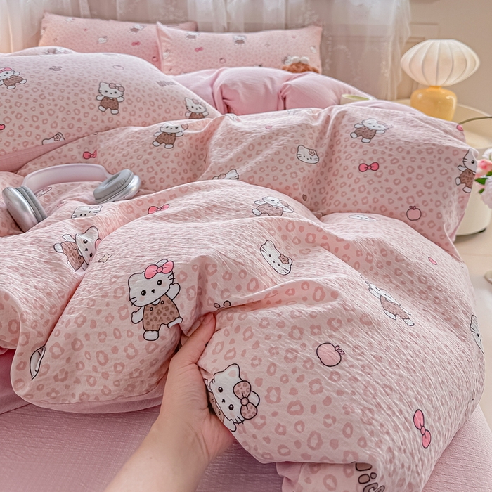 91家纺网 家纺一手货源 找家纺 侯先生家纺新款直播爆款云感双层纱皱皱纱四件套小清新水洗棉床笠 蜜桃KT