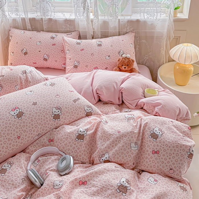 91家纺网 家纺一手货源 找家纺 侯先生家纺新款直播爆款云感双层纱皱皱纱四件套小清新水洗棉床笠 蜜桃KT